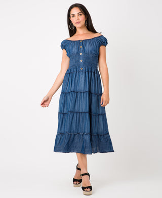 KRISP ON/OFF Shoulder Plain Denim Maxi Dress (11043)