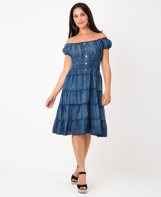 KRISP ON/OFF Shoulder Plain Denim Midi Dress (11044)