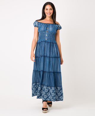 KRISP ON/OFF Shoulder Floral Border Hem Denim Maxi Dress (11047)