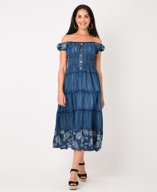 KRISP ON/OFF Shoulder Floral Border Hem Denim Midi Dress (11048)