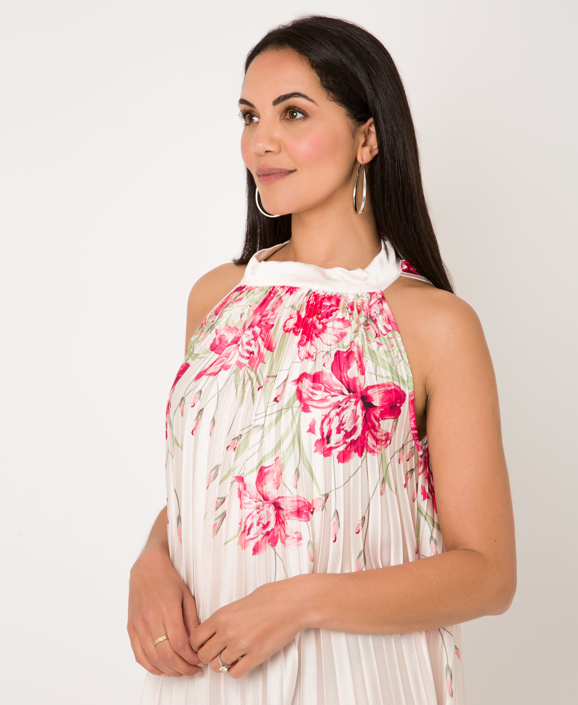 KRISP Floral Print Pleated Satin Halterneck Maxi Dress (11110)