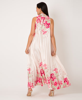KRISP Floral Print Pleated Satin Halterneck Maxi Dress (11110)
