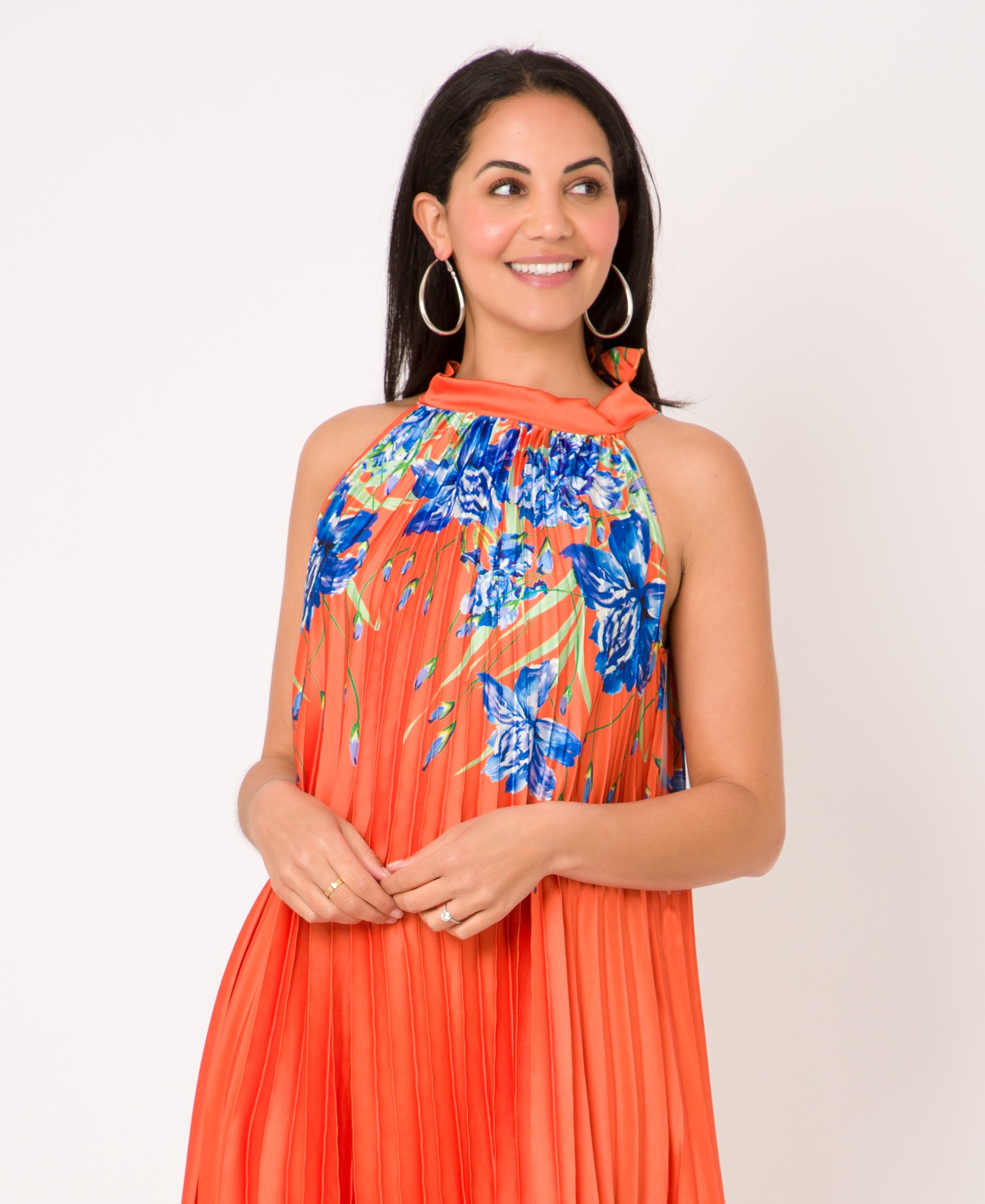 KRISP Floral Print Pleated Satin Halterneck Maxi Dress (11110)