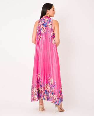 KRISP Floral Print Pleated Satin Halterneck Maxi Dress (11110)