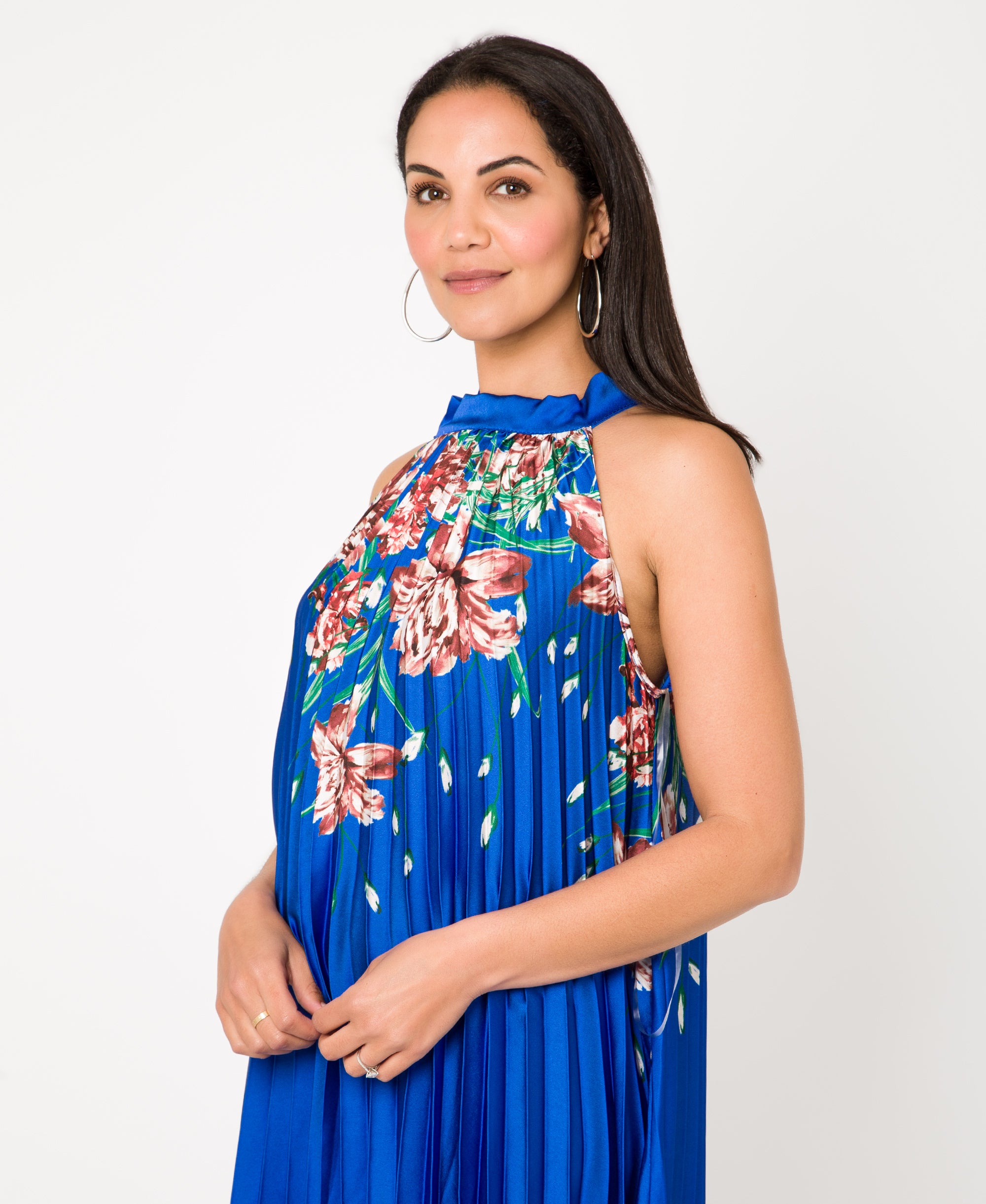 KRISP Floral Print Pleated Satin Halterneck Maxi Dress (11110)
