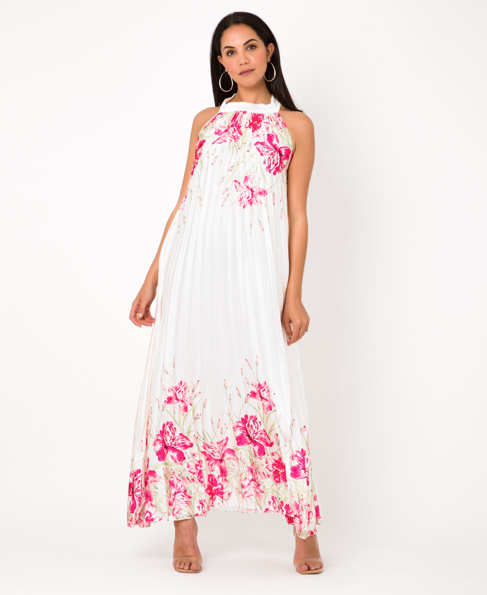 KRISP Floral Print Pleated Satin Halterneck Maxi Dress (11110)