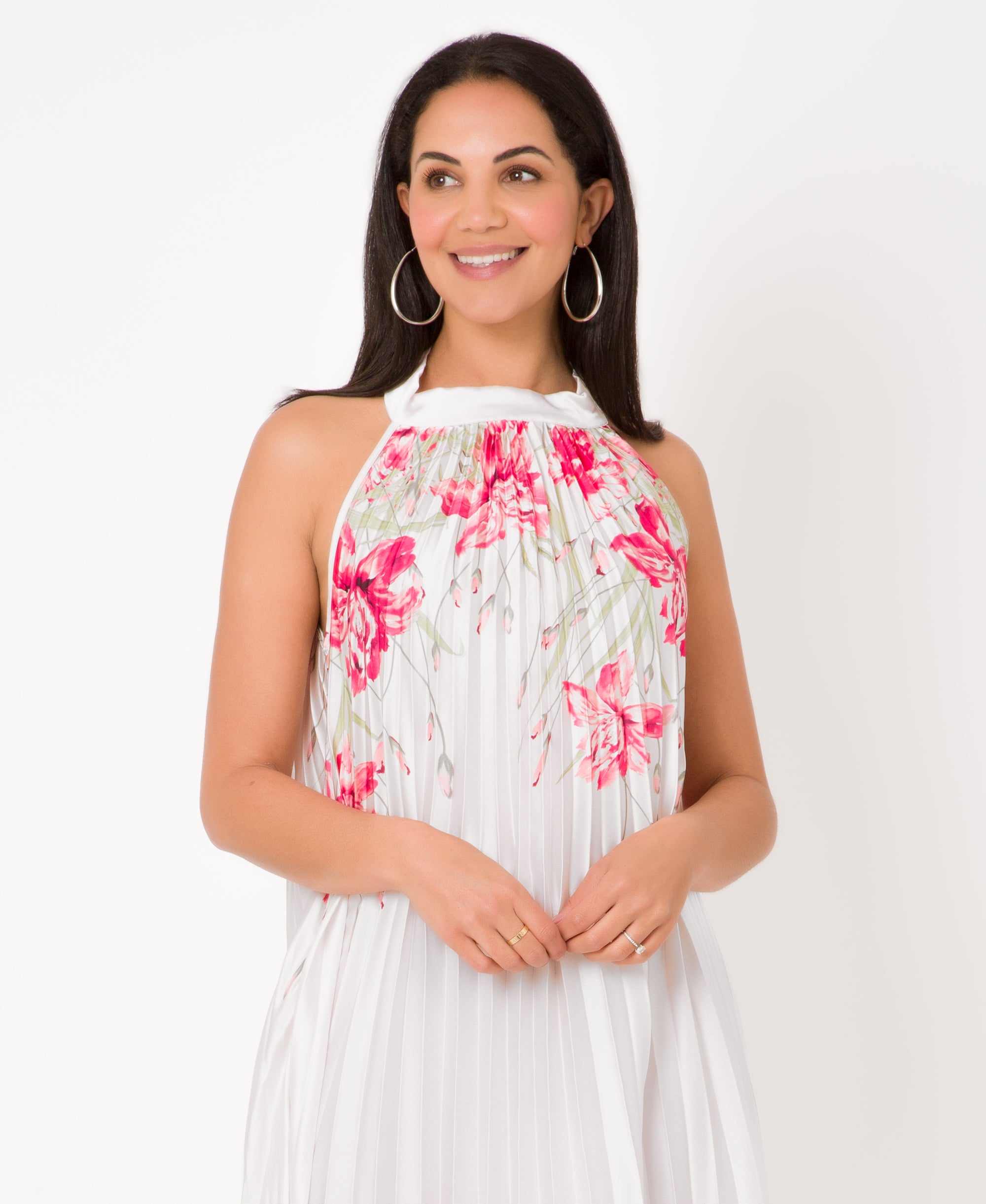 KRISP Floral Print Pleated Satin Halterneck Maxi Dress (11110)