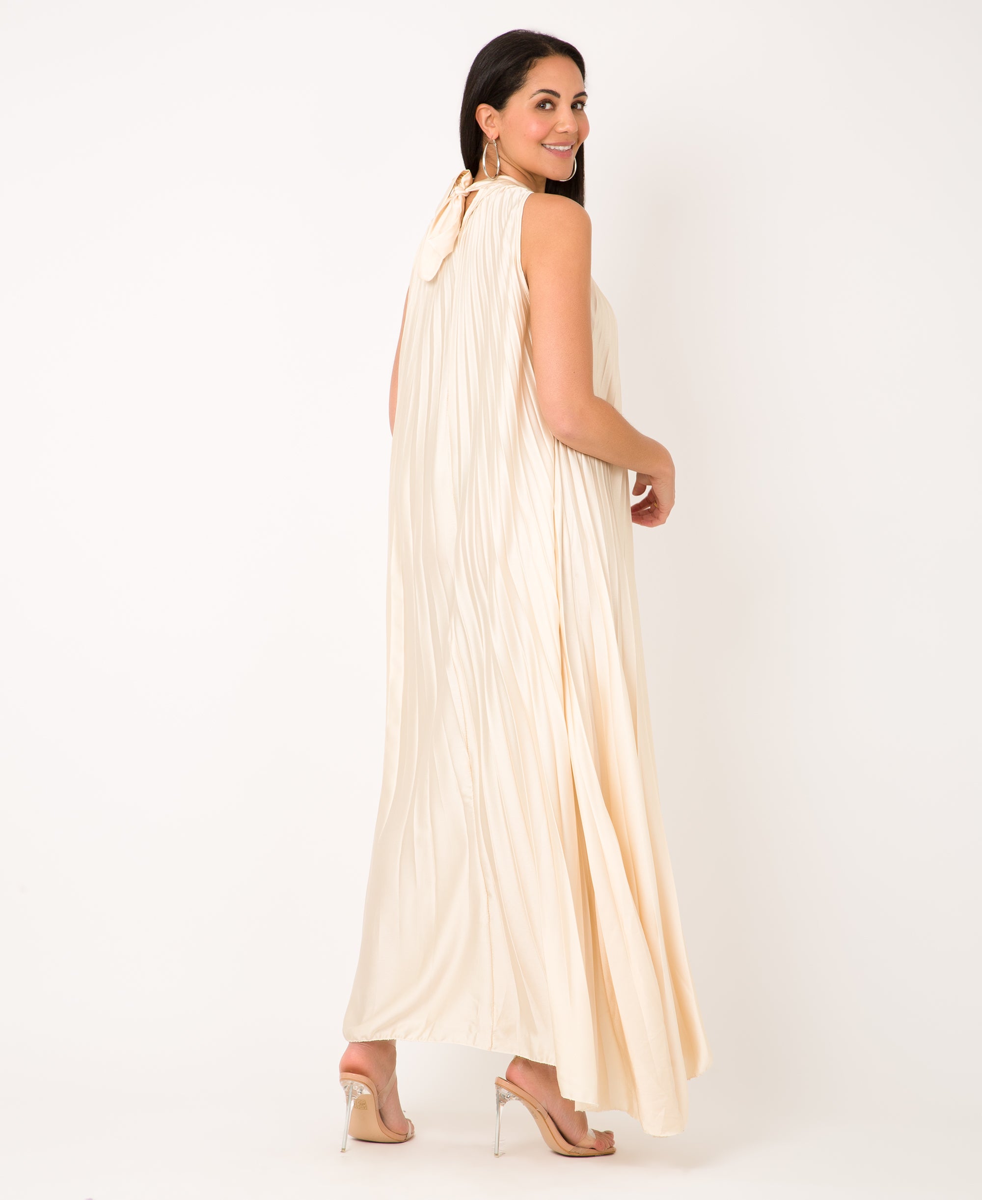 KRISP Plain Pleated Satin Halterneck Maxi Dress (11111)