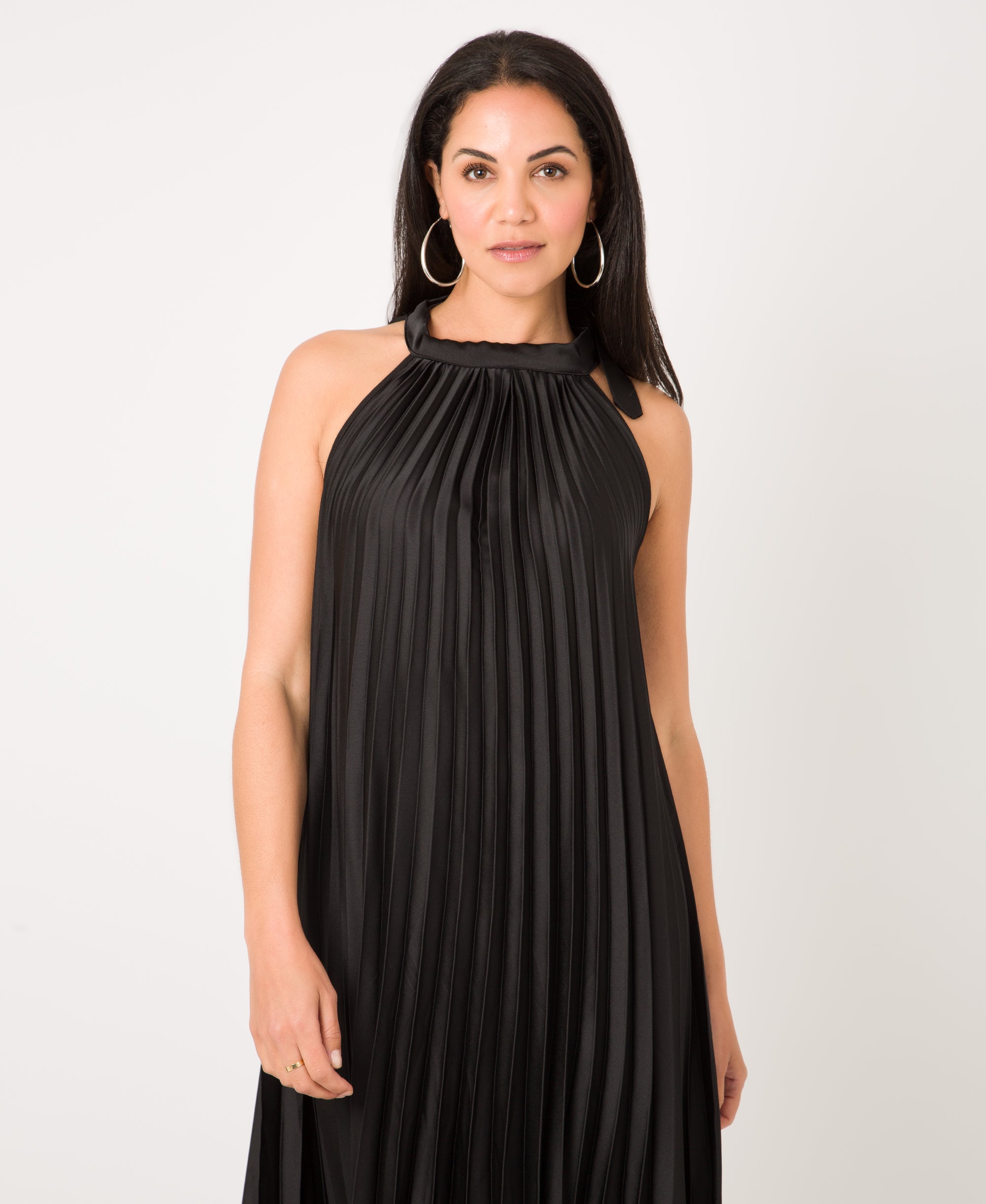 KRISP Plain Pleated Satin Halterneck Maxi Dress (11111)