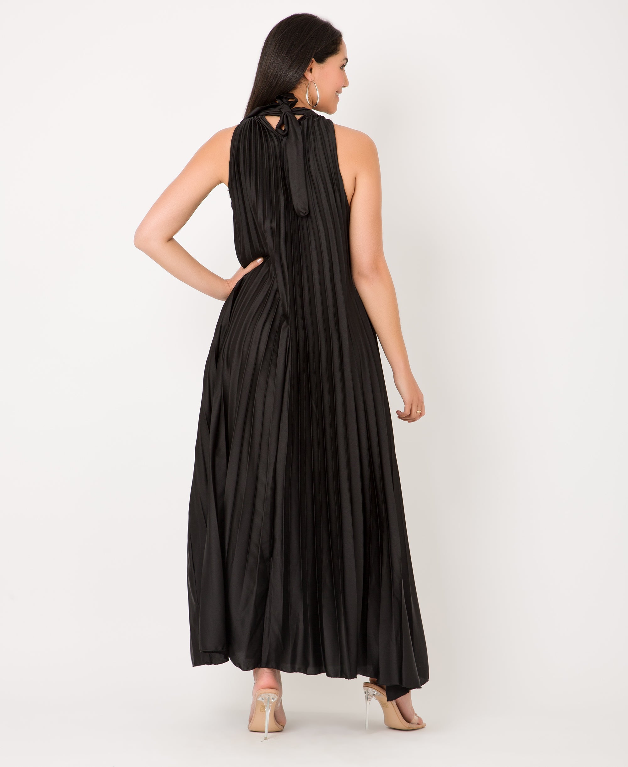 KRISP Plain Pleated Satin Halterneck Maxi Dress (11111)