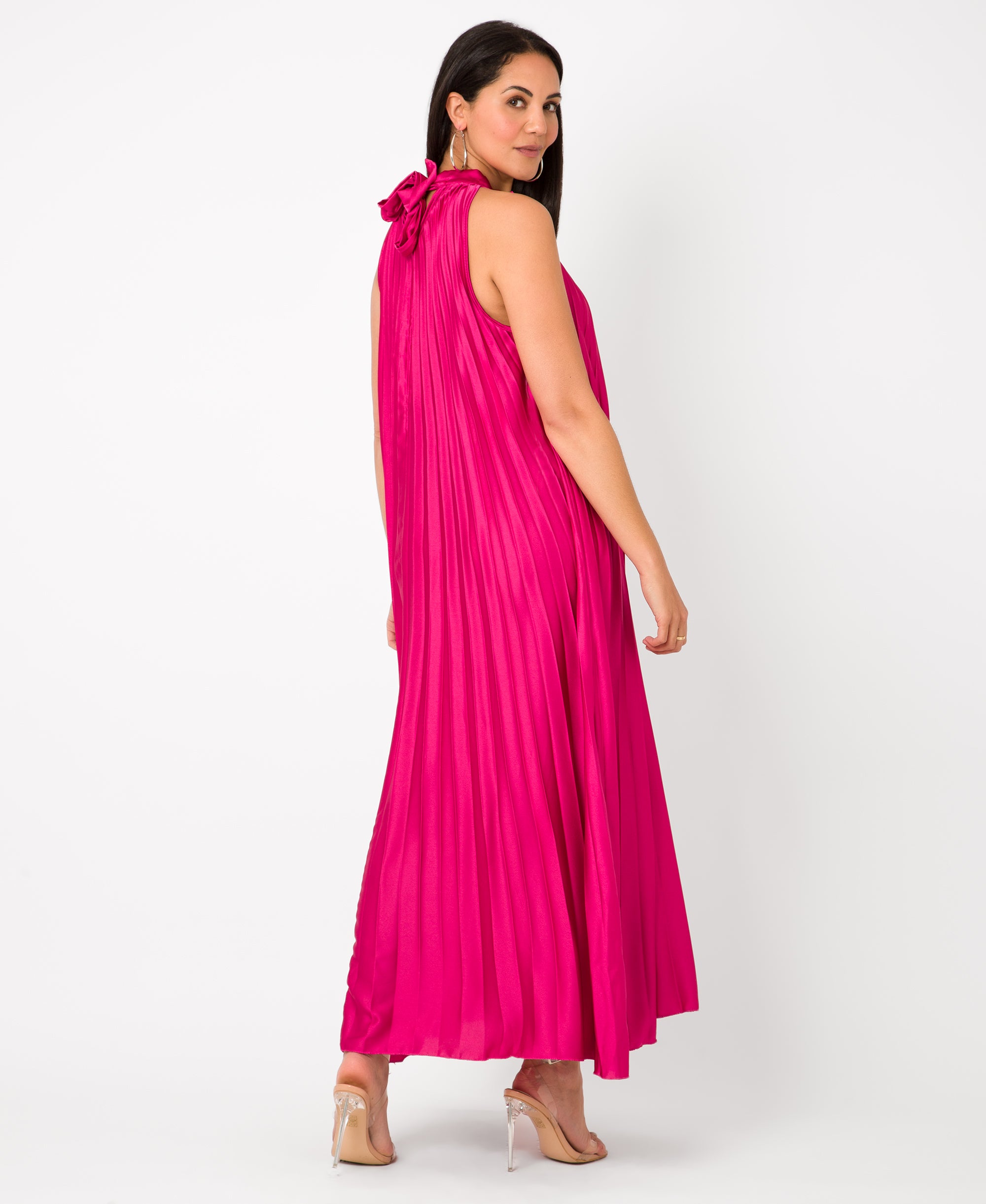 KRISP Plain Pleated Satin Halterneck Maxi Dress (11111)