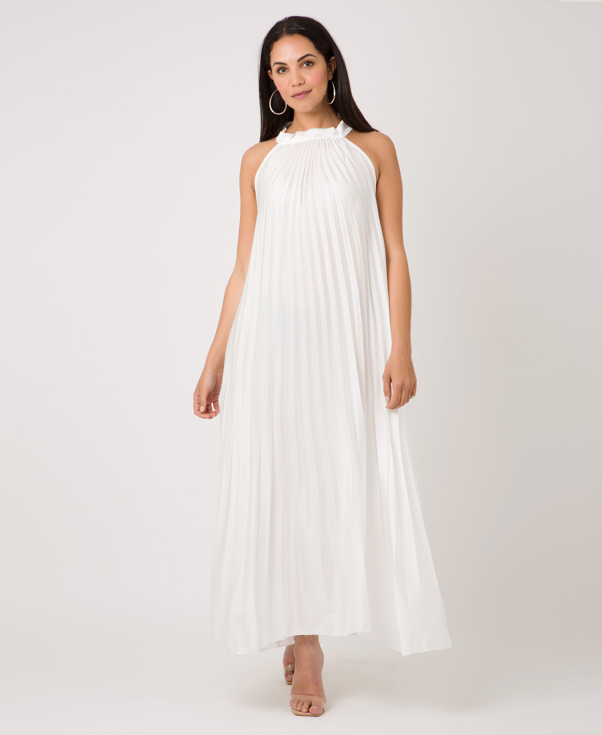 KRISP Plain Pleated Satin Halterneck Maxi Dress (11111)