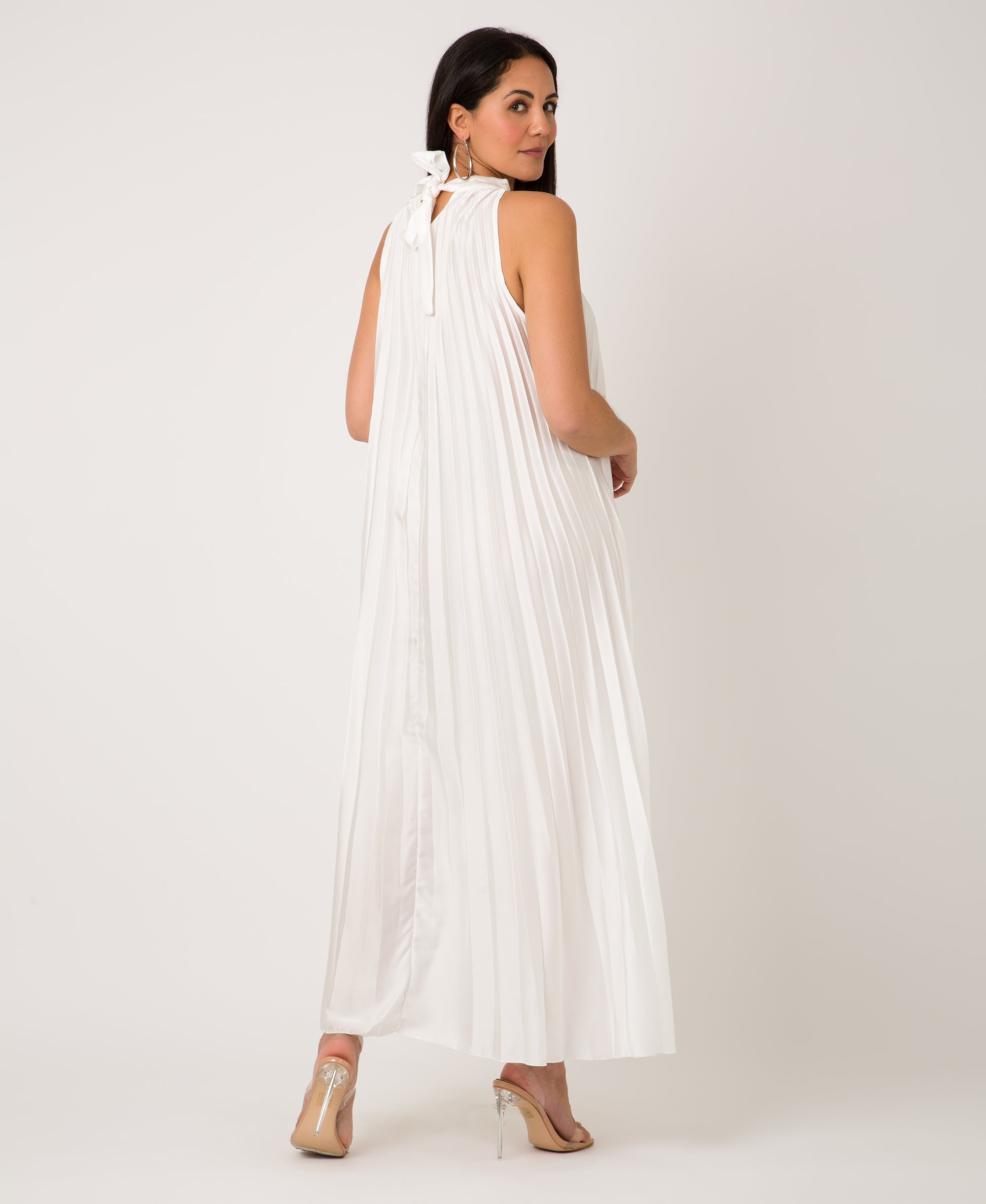 KRISP Plain Pleated Satin Halterneck Maxi Dress (11111)