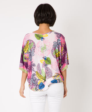 KRISP Tie Front Tropical Print Oversize Top (11028)