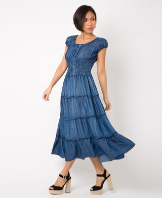 KRISP ON/OFF Shoulder Plain Denim Maxi Dress (11043)