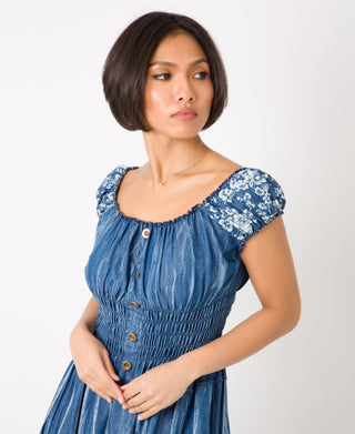 KRISP ON/OFF Shoulder Floral Border Hem Denim Maxi Dress (11047)