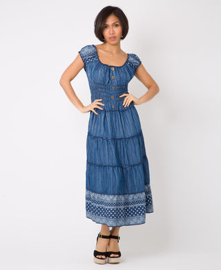 KRISP ON/OFF Shoulder Floral Border Hem Denim Midi Dress (11048)