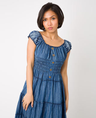 KRISP ON/OFF Shoulder Floral Border Hem Denim Midi Dress (11048)