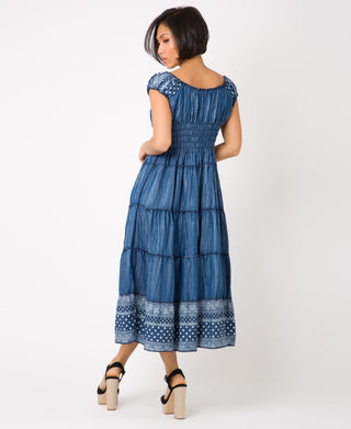 KRISP ON/OFF Shoulder Floral Border Hem Denim Midi Dress (11048)