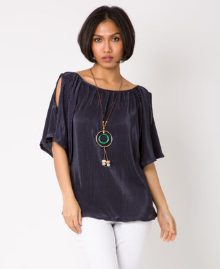 KRISP Split Sleeve Pleated Top with Necklace (11073)