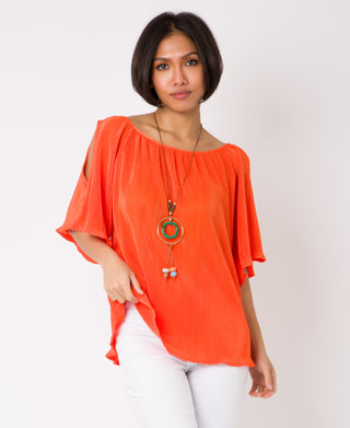 KRISP Split Sleeve Pleated Top with Necklace (11073)