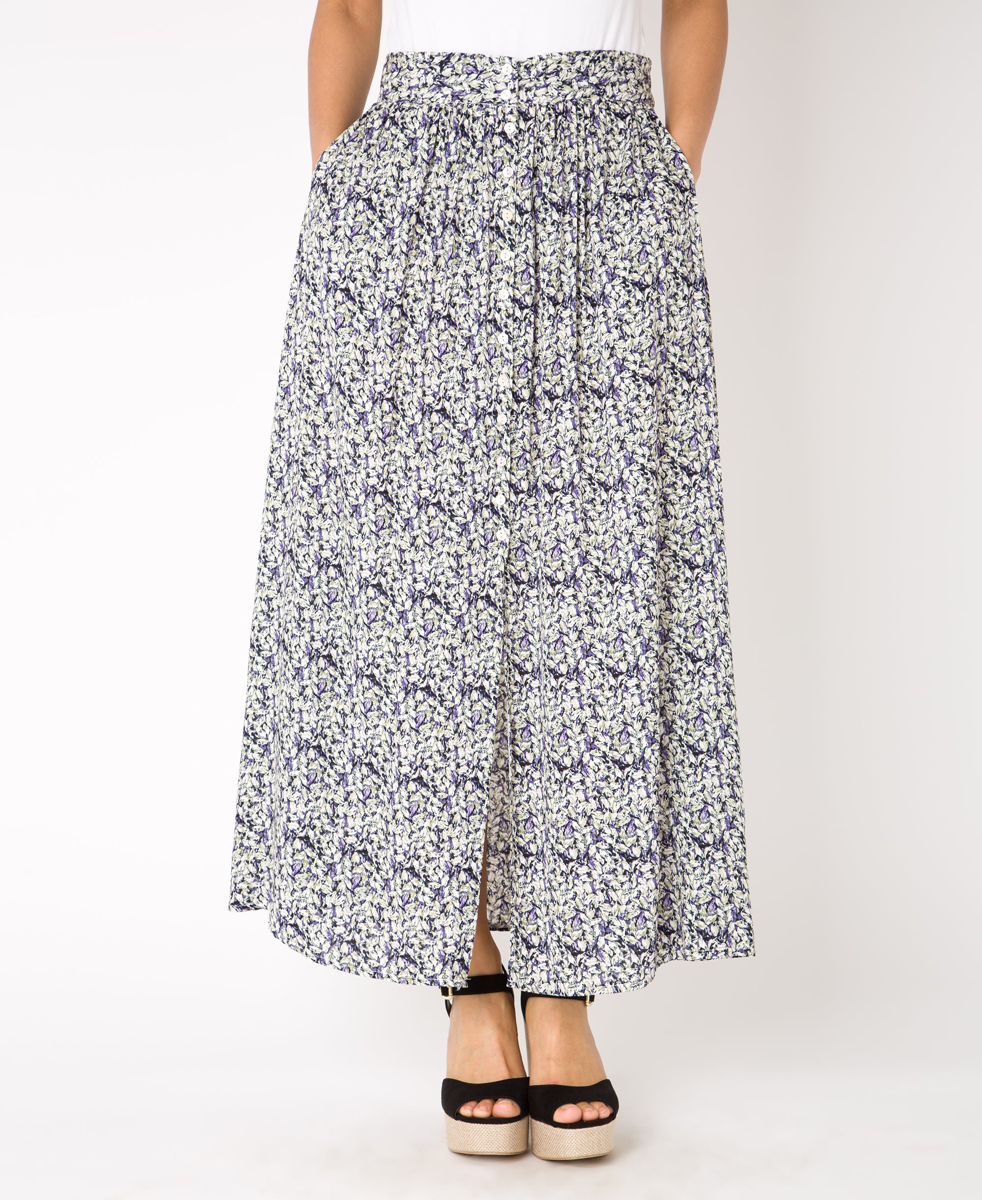 KRISP Button Front Floral Print Midi Skirt (11098)