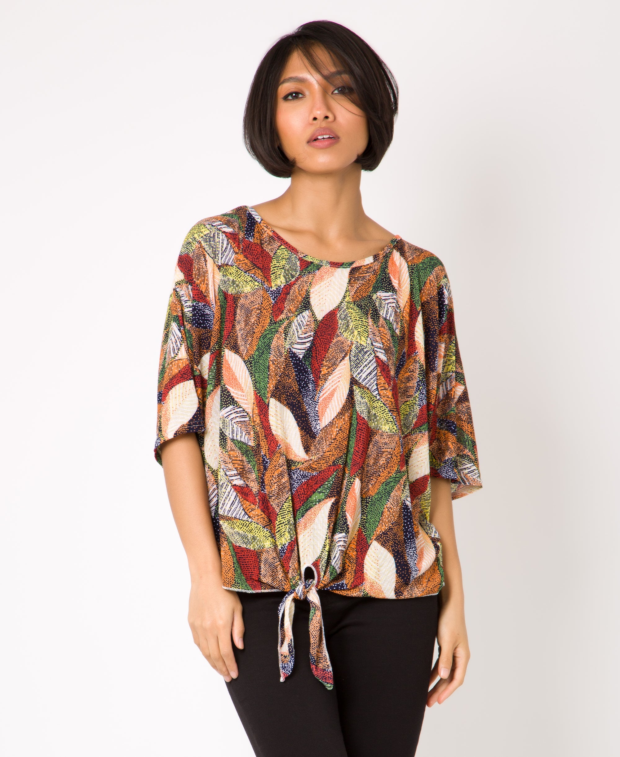 KRISP Tie Front Leaf Print Oversize Top (110270