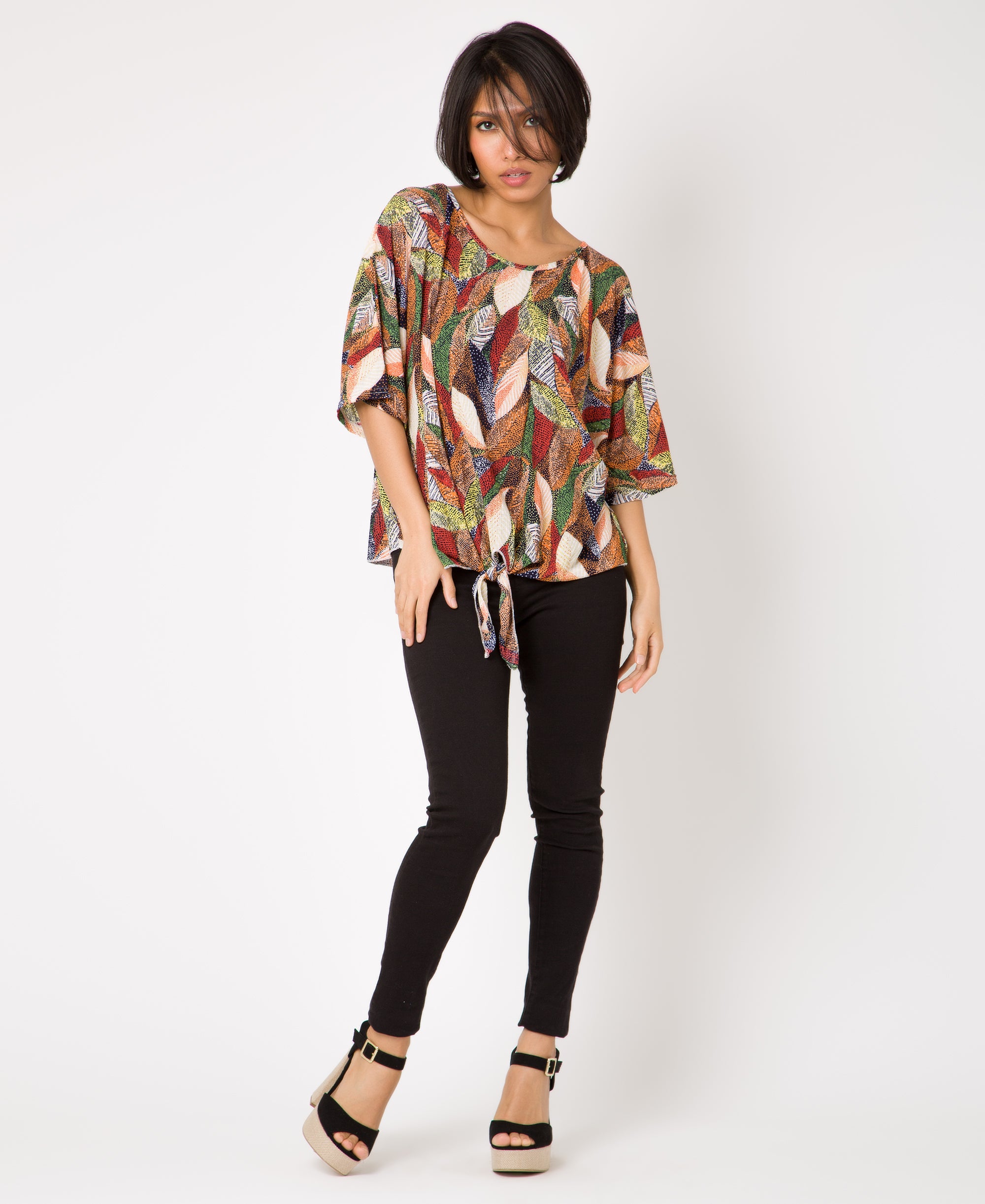 KRISP Tie Front Leaf Print Oversize Top (110270