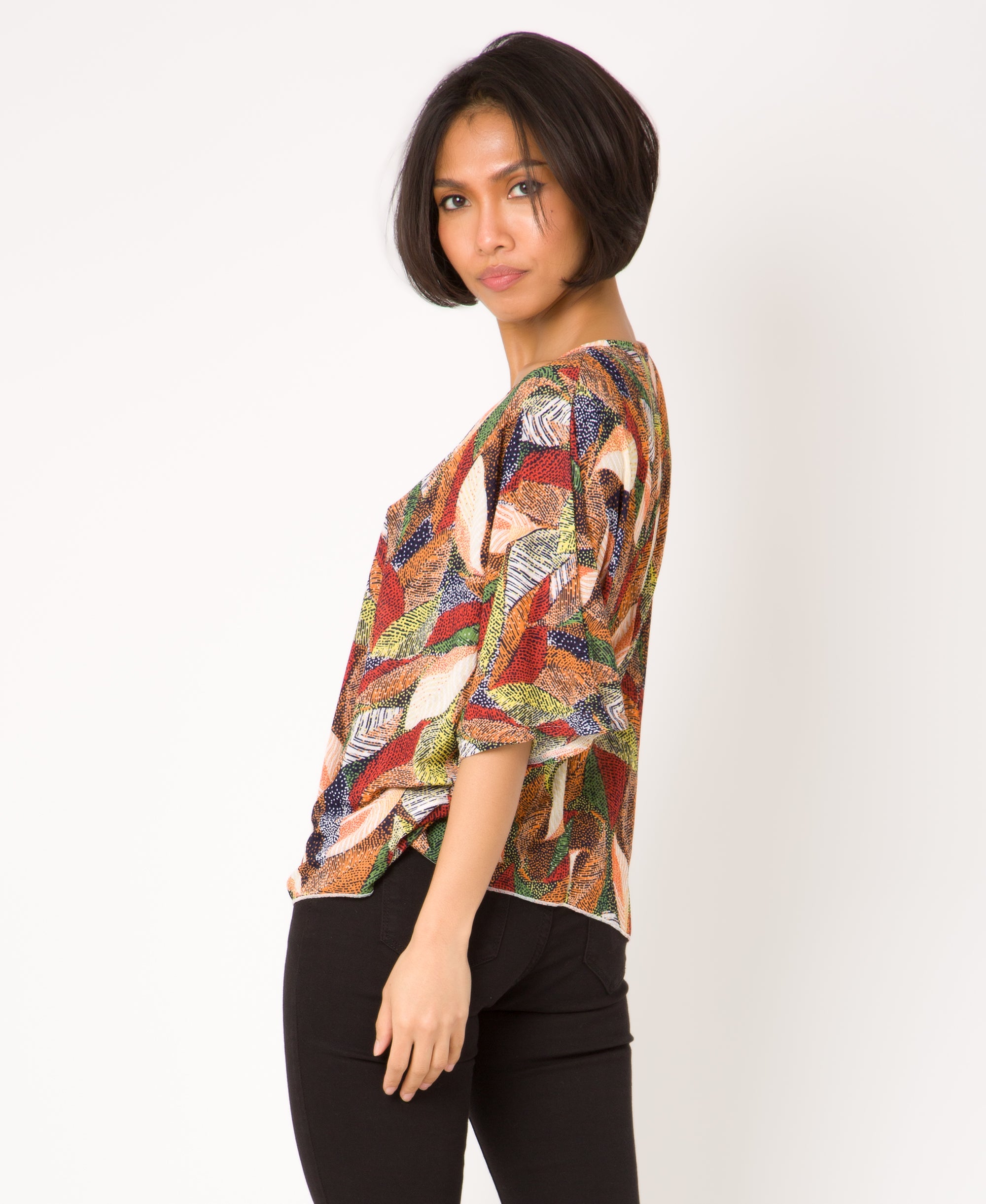 KRISP Tie Front Leaf Print Oversize Top (110270