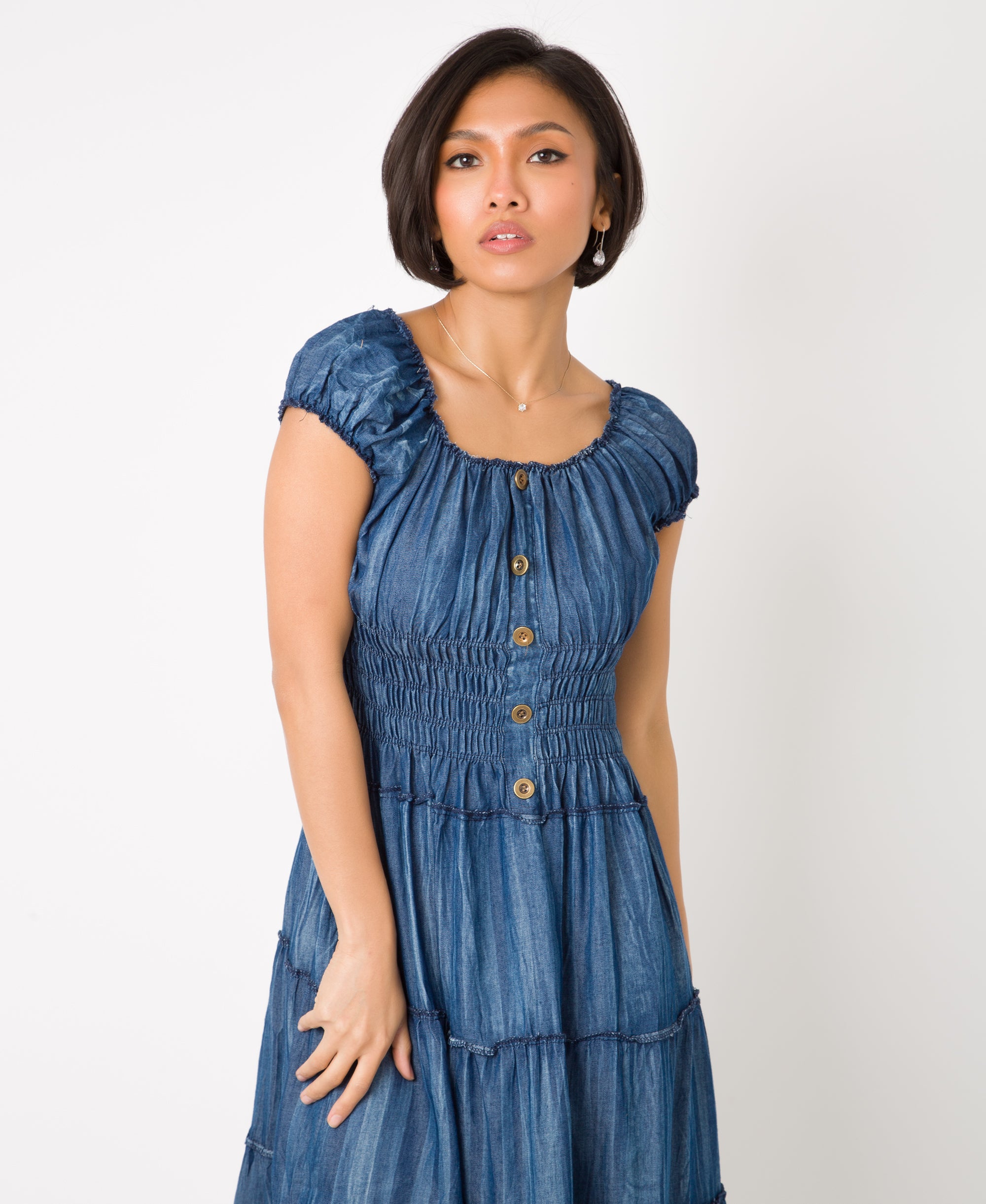 KRISP ON/OFF Shoulder Plain Denim Maxi Dress (11043)