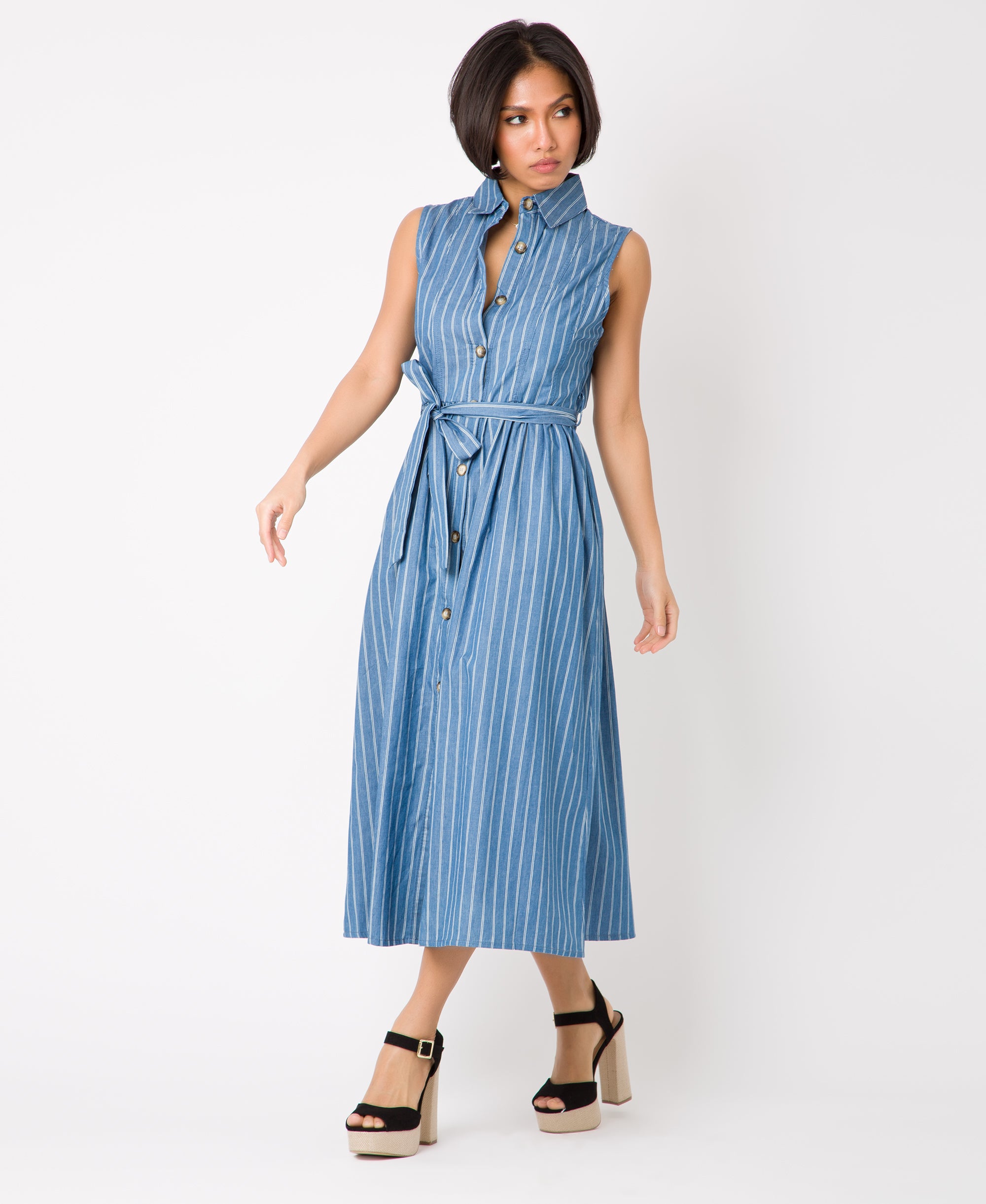 KRISP Double Pinstripe Button Down Maxi Dress (11046)