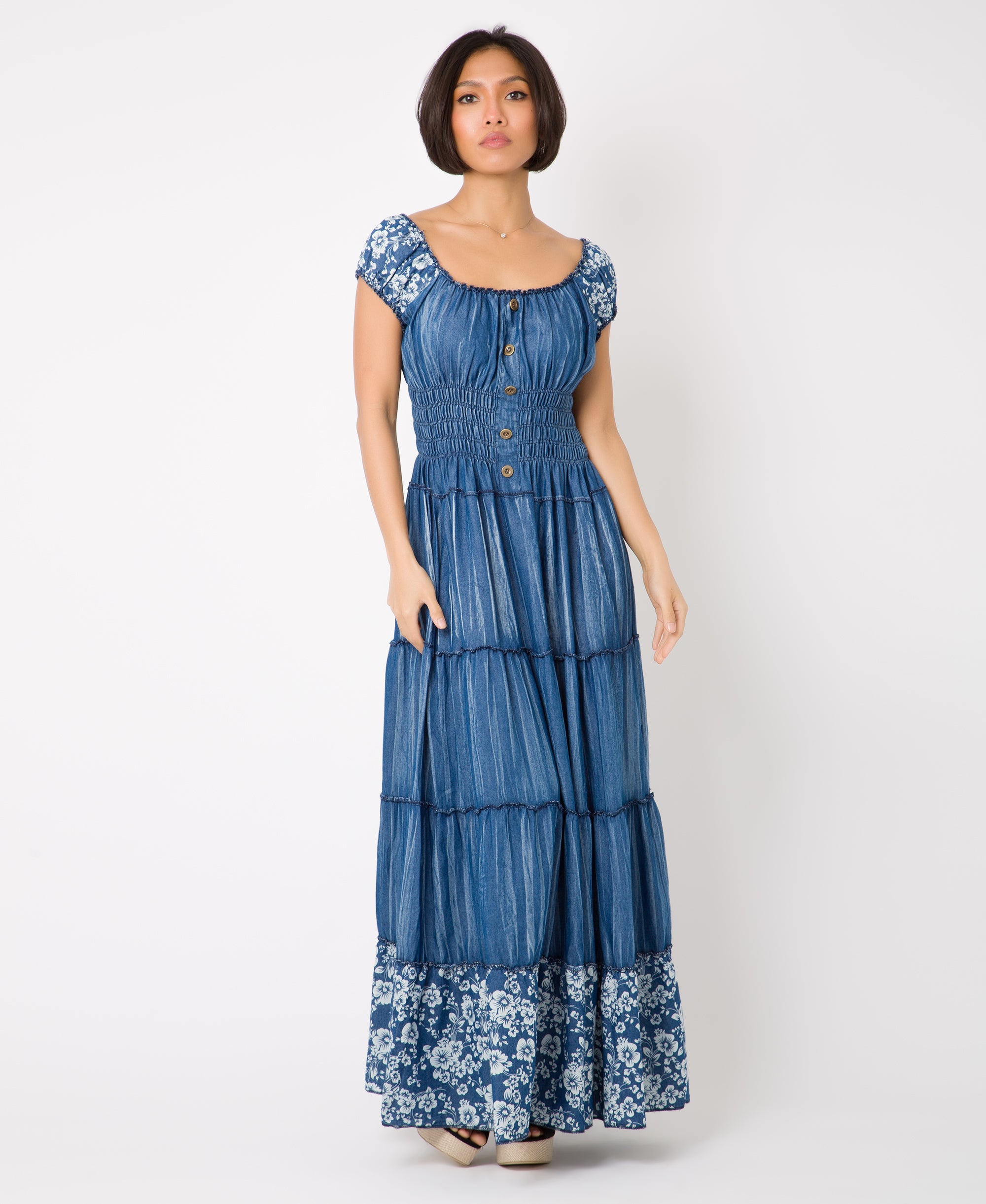 Cap Sleeve Floral Border Hem Denim Maxi Dress | Fashion Outlet