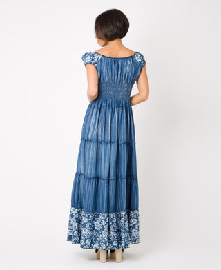 KRISP ON/OFF Shoulder Floral Border Hem Denim Maxi Dress (11047)