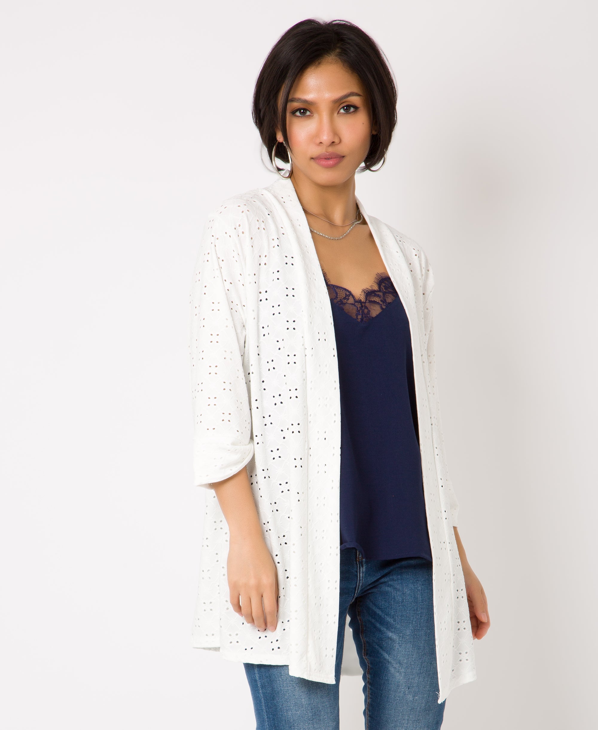 KRISP Floral Eyelet Embroidery Jersey Open Cardigan (11071)